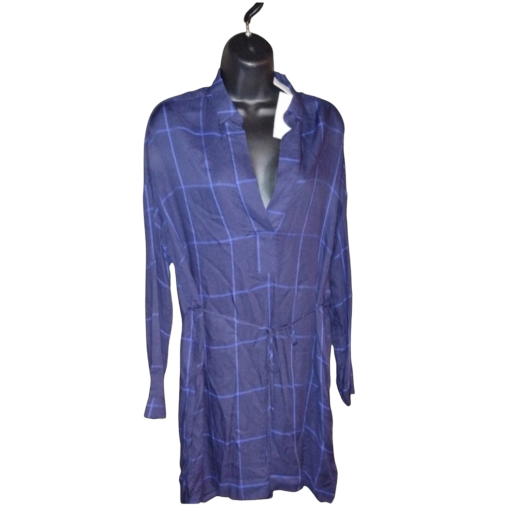 Lush Blue plaid v neck, long sleeve Viscose Dress Or Tunic Navy Widowpane NWT